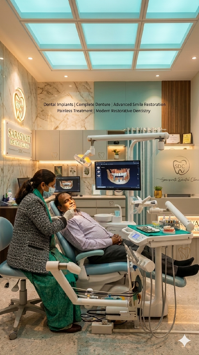 Male patient receiving smile restoration and painless restorative dentistry at Saraswati Dental Clinic