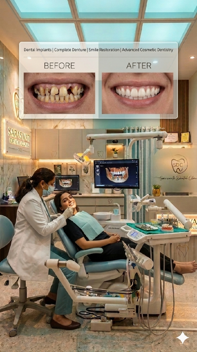 Female patient receiving dental implants and complete denture restoration at Saraswati Dental Clinic