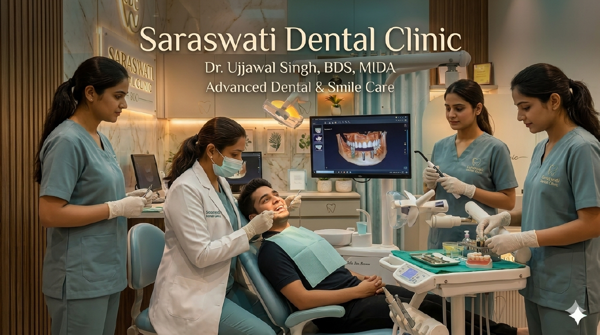 Dr. Ujjwal Singh, female dentist (BDS, MIDA) with her team at Saraswati Dental Clinic, Etmadpur, Agra